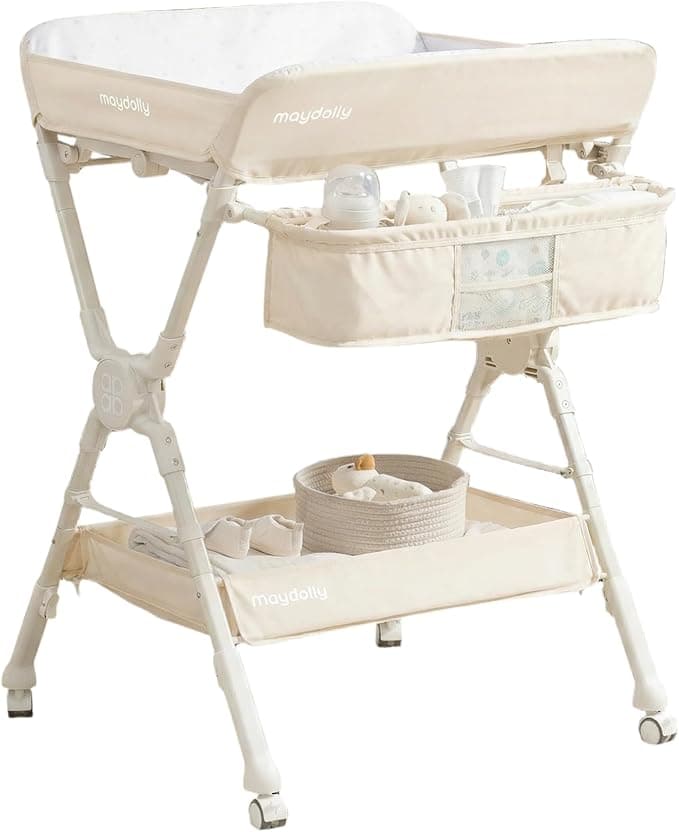 Maydolly Foldable Baby Changing Table 2.0 with Wheels, Adjustable Height Diaper Station, Nursery Organizer & Storage Rack with 2-Step Quick Folding for Compact Storage, for Newborn and Infant(Beige)
