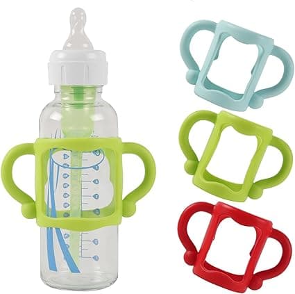 3 Pack Bottle Handles for Baby Bottles with Easy Grip Handles to Hold Their Own Bottle, BPA-Free Soft Silicone (Blue Green Red)