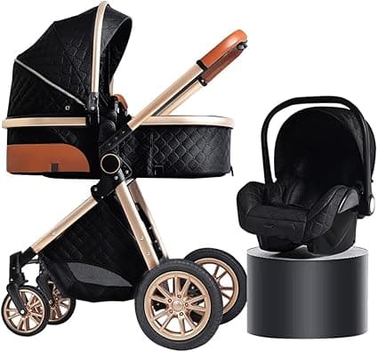 Pushchair and Stroller for Toddler 3 In 1 Travel Baby Stroller Includes Carrycot,Reversible Bassinet Pram,with Accessories, Mom Bag, Footmuff (Color : BLACK)