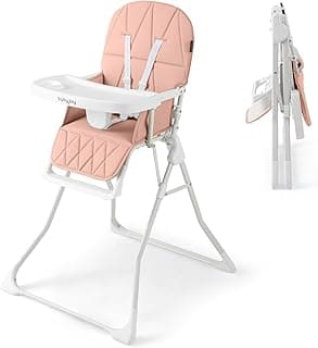 BABY JOY Foldable High Chair, Portable Highchairs for Babies and Toddlers with 3-Position Adjustable Tray & Footrest, Removable Seat Cushion, 5-Point Safety Harness, Space Saving Design (Pink)