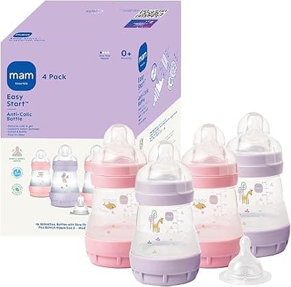 MAM 5oz Easy Start Anti-Colic Wide Neck Vented Baby Bottle, Slow Flow Breastfeeding-Like Nipple,Reduces Colic Gas & Reflux, Easy Clean, BPA Free,0+ Months, Made In Europe,Bonus Medium Flow Nipple