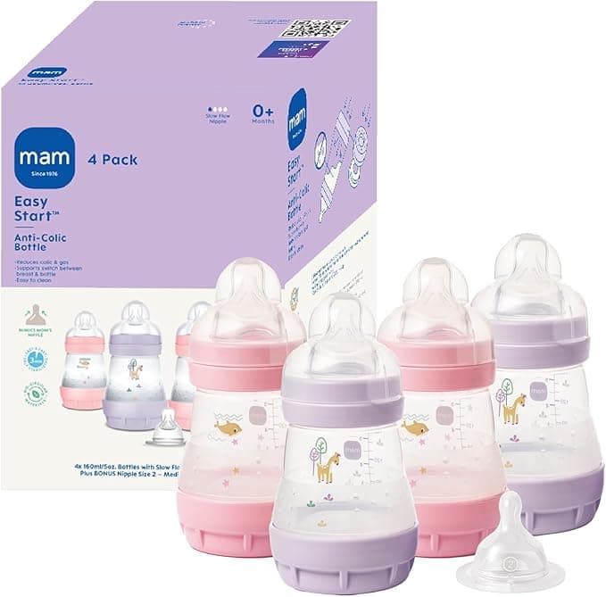 MAM 5oz Easy Start Anti-Colic Wide Neck Vented Baby Bottle, Slow Flow Breastfeeding-Like Nipple,Reduces Colic Gas & Reflux, Easy Clean, BPA Free,0+ Months, Made In Europe,Bonus Medium Flow Nipple