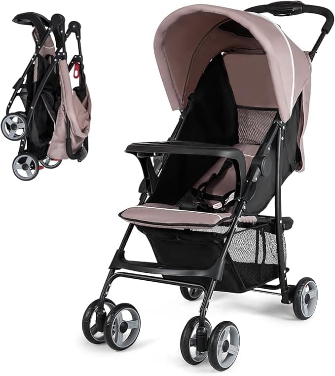 Costzon Lightweight Baby Stroller, Foldable Stroller with 5-Point Safety System and Multi Position Reclining Seat (Coffee)