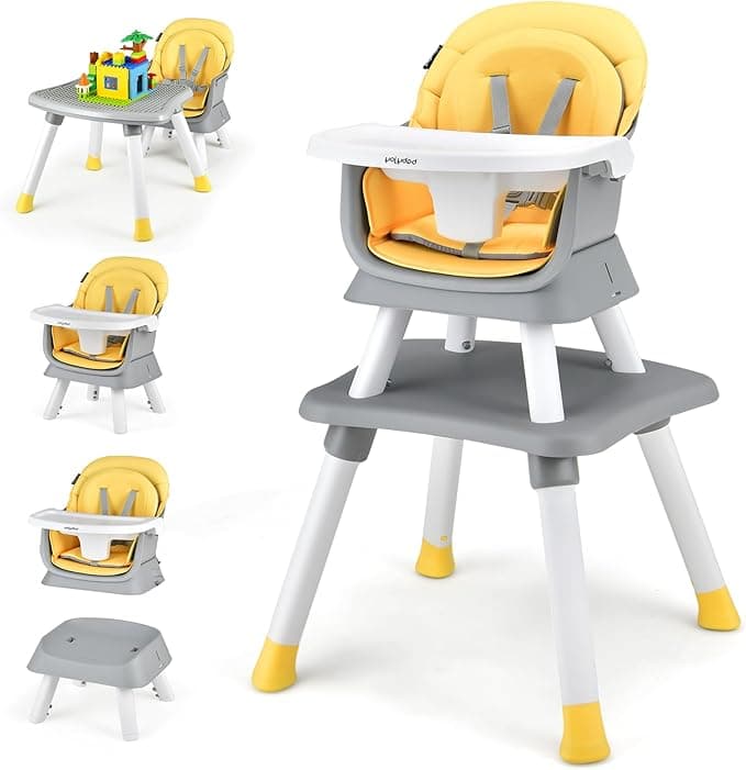 KOTEK Baby High Chair, 8 in 1 Convertible Highchairs for Babies and Toddlers, Building Block Table, Booster Seat, Toddler Chair with Removable Tray, Safety Harness, Dual Cushions (Yellow)