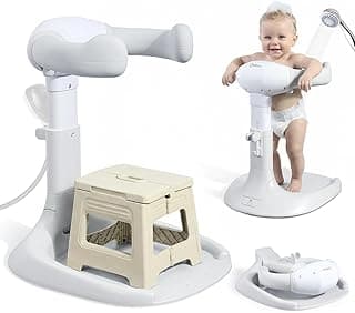 Orzbow Baby Bath Stand, Adjustable Height Baby Bathtub with Foldable Chair & Shower Stand, Collapsible Toddler Shower Standing Support for 6-36 Months, Anti-Slip Base, Easy-Use, Gray