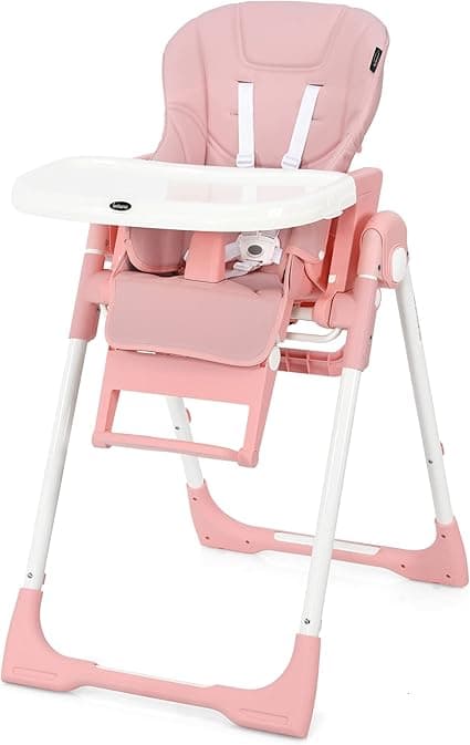 INFANS High Chair for Babies & Toddlers, Foldable Highchair with Multiple Adjustable Backrest, Footrest and Seat Height, Removable Tray, Detachable PU Leather Cushion, Built-in Rear Wheels (Light Pink)