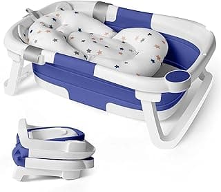 Baby Bath Tub Foldable Bathtub, Newborn Baby Plastic Bathtub with Cushion Pad Foldable Anti-Slip Legs Collapsible Tub for Toddler Baby Kids Bathing - Childrens Travel Shower Bath Tubs | Blue