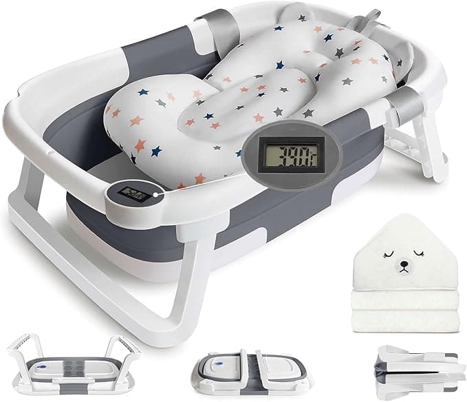 Collapsible Baby Bathtub for Infants to Toddler, Portable Travel Bathtub Multifunctional Bathtub with Drain Hole, Baby Folding Bathtub for Newborn 0-36 Month (grey+Floating Baby Bath Cushion)