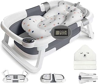 Collapsible Baby Bathtub for Infants to Toddler, Portable Travel Bathtub Multifunctional Bathtub with Drain Hole, Baby Folding Bathtub for Newborn 0-36 Month (grey+Floating Baby Bath Cushion)