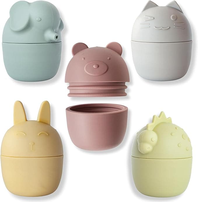 5 Pack Baby Bath Toys, Mold Free Water Toys for Infant & Toddlers, Interchangeable Tops and Bottoms, Animals, Numbers, Silicone Bath Tub Toys, o1baby