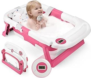 Baby Bathtub, Newborns Bath Essentials, Portable Bath tub For Infant 0-24 Months，Baby Shower Gifts With Soft Cushion,Temperature Sensor and Tray