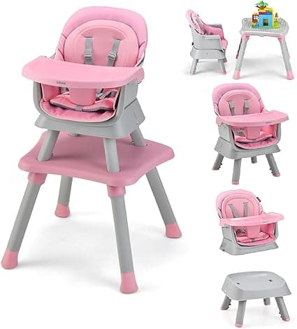 INFANS 8 in 1 Baby High Chair, Convertible Highchair for Babies and Toddlers, Infant Dining Booster Seat, Building Block Table, Kids Stool Table Chair Set with Removable Tray (Pink)