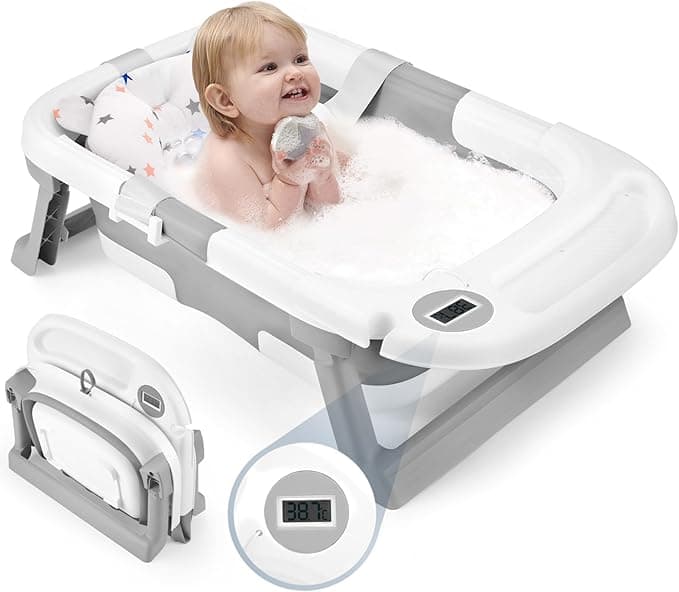 Baby Bathtub for Newborns, Collapsible Baby Bath Tub for 0-24 Months, Infant Bathtub With Temperature Sensor, Soft Cushion, Baby Bath Essentials Shower Gifts