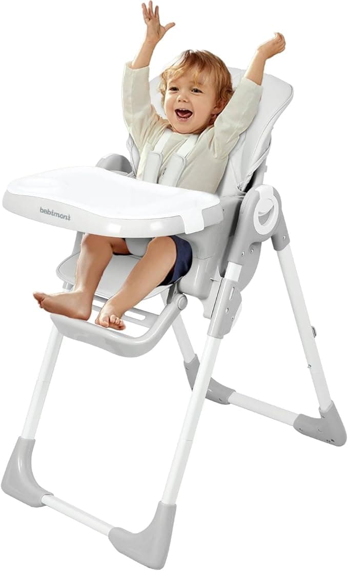 babimoni 4-in-1 Baby High Chair, High Chairs for Babies and Toddlers - Portable Feeding & Eating Seat, Foldable Highchair with 3 Levels of Recline and 7 Levels of Height Adjustment (Gray)