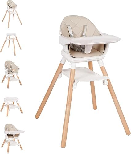 Baby High Chair, 6 in 1 Wooden Convertible High Chairs for Babies and Toddlers, Booster Seat with Double Tray & Reversible Footrest Baby Highchair, 5-Point Harness Baby Feeding Chair, Beige