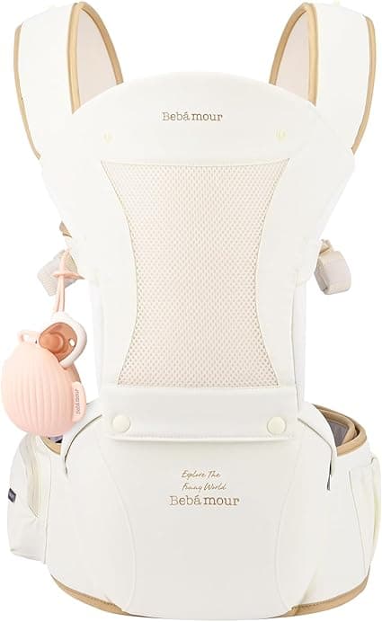 Bebamour Baby Carrier Newborn to Toddler Baby Carrier Hipseat 0-36Months with Head Hood, 3 PCS Teething Pads, Waist Extender (New Khaki)
