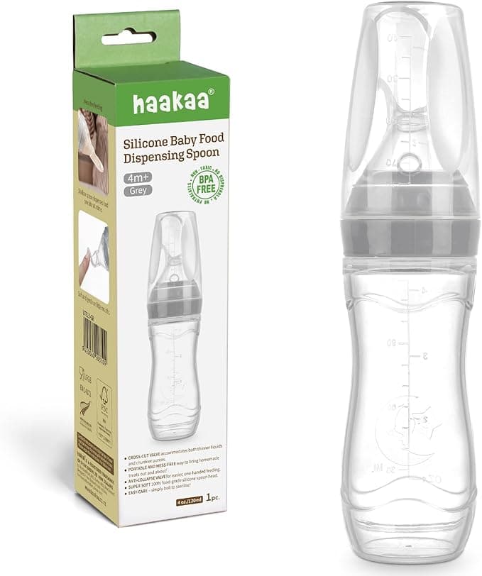 Haakaa Silicone Baby Food Dispensing Spoon Feeder 4oz - Infant Squeeze Cereal Feeder, Baby Fresh Food Feeder, Feed Bottle for Puree, Solid Baby Food, BPA Free, 4m+ Babies – Grey