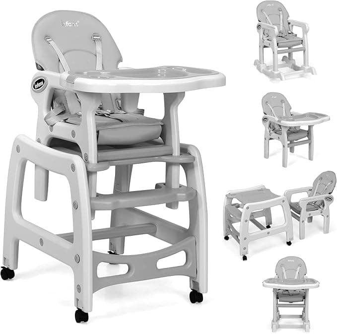 INFANS 5 in 1 Baby High Chair, Convertible Toddler Table Set, Rocking Chair, Multi-Function Seat with Lockable Universal Wheels, Adjustable Seat Back, Removable Trays