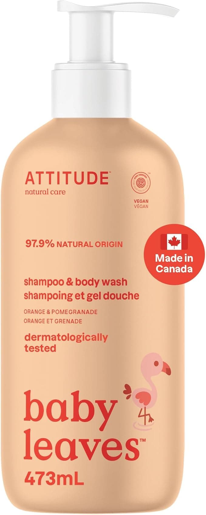 ATTITUDE Baby 2-in-1 Shampoo and Body Wash, Made in Canada, EWG Verified, Dermatologically Tested, Vegan, Orange and Pomegranate, 473 mL