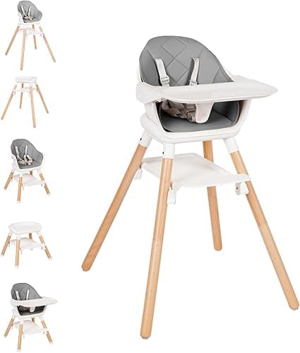 Baby High Chair, 6 in 1 Wooden Convertible High Chairs for Babies and Toddlers, Booster Seat with Double Tray & Reversible Footrest Baby Highchair, 5-Point Harness Baby Feeding Chair, Grey