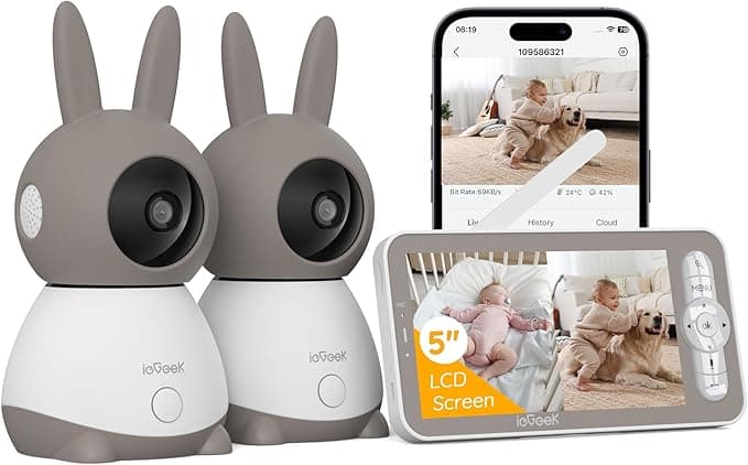 2K Video Baby Monitor with 2 Cameras, ieGeek 360° View Split Screen Baby Monitor WiFi Smartphone with 5" no WiFi LCD Monitor, Motion & Cry Detection, 2-Way Audio, 1000ft Range, Temperature, Lullabies