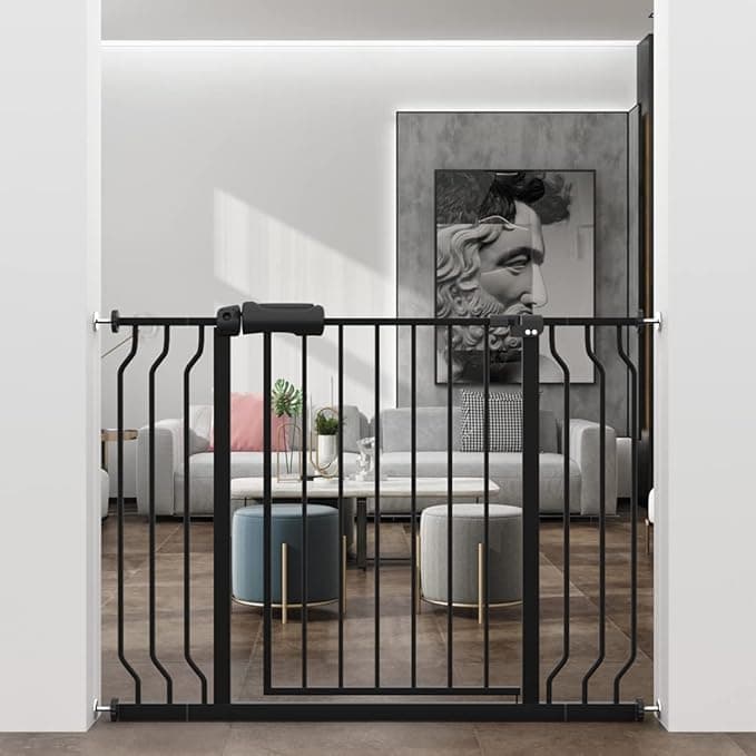 WAOWAO Baby Gate 38.58-43.31inch Extra Wide Pressure Mounted 39 40 41 42 43 Inches Walk Through Swing Auto Close Safety Black Metal Toddler Kids Child Dog Pet Puppy Cat for Stairs, Doorways, Kitchen