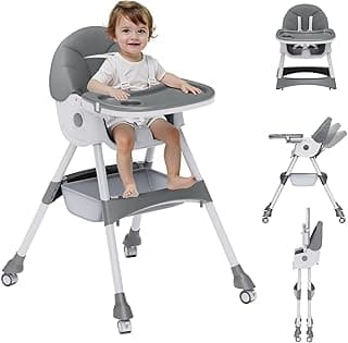 High Chairs for Babies And Toddlers, 4 in 1 Convertible Baby High Chair, Portable High Chair for Travel with Adjustable Height, Foldable HighChair With Wheels& Pu Cushion