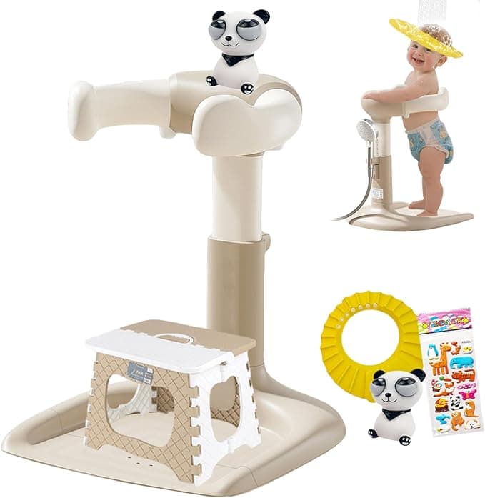 Baby Shower Stand with Support, 2-in-1 Sitting & Standing Baby Bath Stand with Anti-Slip Base, 10 Levels Adjustable Height and Armrest with Seat for Toddlers, Ideal Gift for Infants 6-36 Months