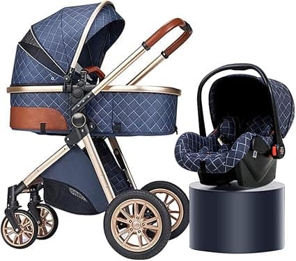 Pushchair and Stroller for Toddler 3 In 1 Travel Baby Stroller Includes Carrycot,Reversible Bassinet Pram,with Accessories, Mom Bag, Footmuff (Color : BLUE)