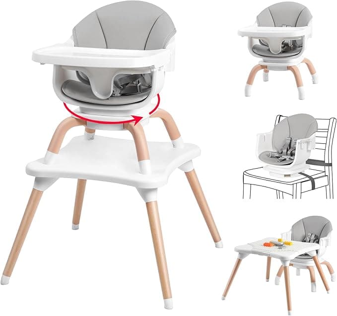 Baby High Chair, 7 in 1 Convertible High Chairs for Babies and Toddlers, Kids Learning Table, Building Block Table, Toddler Dining Chair with 360° Rotating Seat, 5-point Safety Harness (Grey)