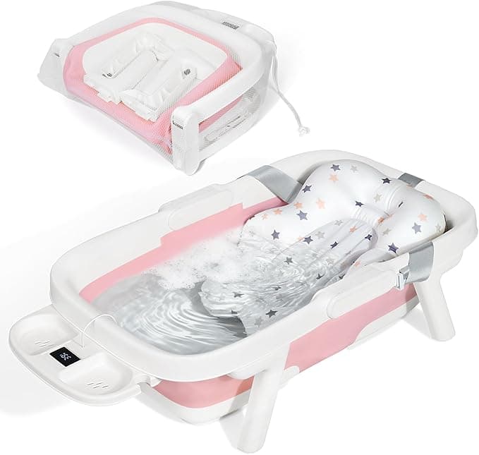 Orzbow Collapsible Baby Bathtub, Large Baby Bath Tub for Newborn with Soft Cushion & Thermometer, Travel Portable Baby Tubs for Infants to Toddler 0-36 Months, 71x43 cm, Pink