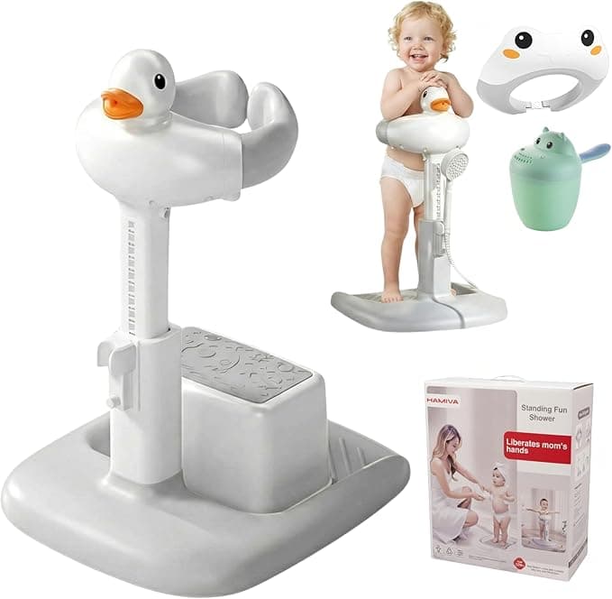 Baby Bath Stand with Built-in Seat - Duck Design - Anti-Slip Base - Baby Shower Stand for Sitting or Standing (White Gray)
