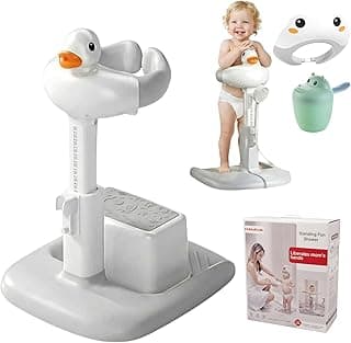 Baby Bath Stand with Built-in Seat - Duck Design - Anti-Slip Base - Baby Shower Stand for Sitting or Standing (White Gray)