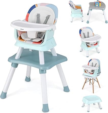 INFANS 7 in 1 Baby High Chair, Convertible Highchair for Babies and Toddlers, Infant Dining Booster Seat, Building Block Table, Kids Stool Table Chair Set with Removable Tray … (Baby Blue)