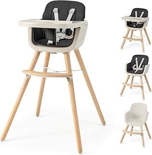 HONEY JOY Baby High Chair, 6-in-1 Eat & Grow Wooden Highchair/Toddler Chair with Removable Tray, 5-Point Harness, PU Cushion and Footrest, Convertible High Chair for Babies and Toddlers (Black)