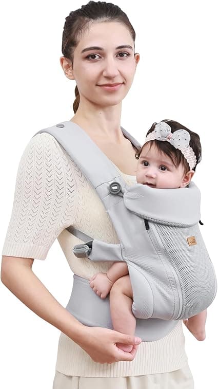CUBY Newborn Baby Carrier with Head Support and Sunshield, Breathable & Adjustable Newborn Toddler Front Baby Carriers, Hands-Free Newborn Carrier up to 40lbs(Light Grey)