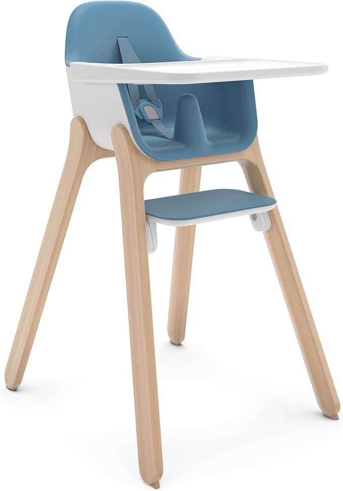 UPPAbaby Ciro High Chair/Sleek, Easy-to-Clean Design/Perfect-Fit Tray to Bring Baby to Table/Patent-Pending Harness/Dual-Position, 180-Degree Rotating Footrest/Caleb (Steel Blue/Rubberwood)