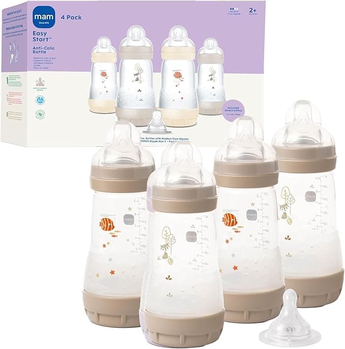 MAM 9oz Easy Start Anti-Colic Wide Neck Baby Bottle, Medium Flow Breastfeeding-Like Nipple, Reduces Colic Gas & Reflux, Easy to Clean, BPA Free, 2+ Months, Made in Europe, Bonus Fast Flow Nipple, 4 Pk