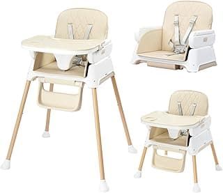JOYMOR 5 in 1 Baby High Chair for Babies and Toddlers, Portable Highchair Fold Compact, ConvertibleBaby Feeding Chair Booster for Eating with Detachable Double Tray, 5 Point Harness (Beige)