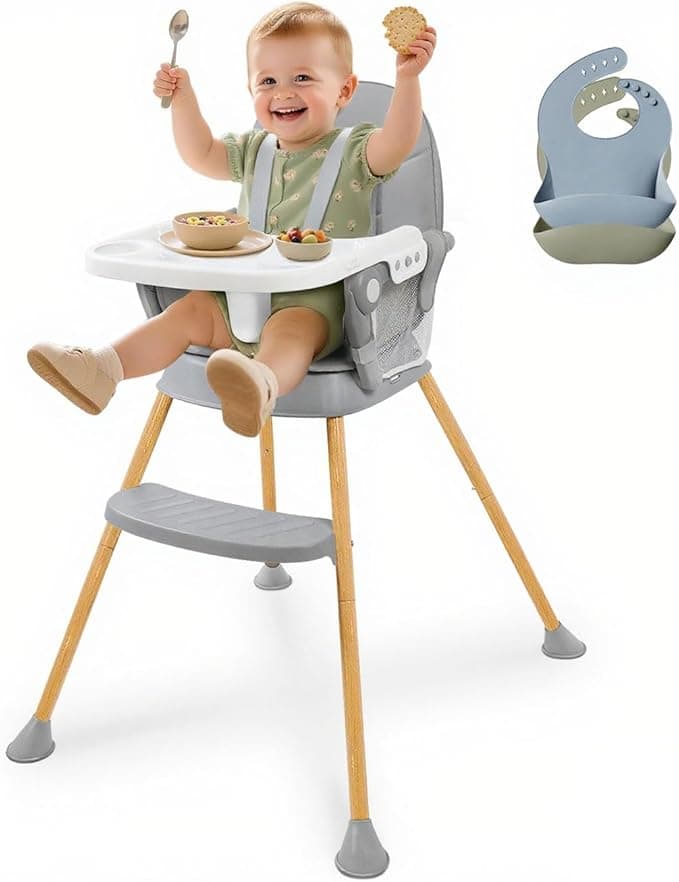 Baby High Chair, High Chairs for Babies, Portable Dining Seat with Adjustable Food Tray & Footrest, Compact Infant Feeding Chair with 2 Baby Bibs, 5-Point Harness, Easy to Fold & Clean