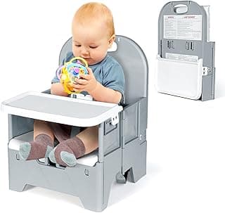 Orzbow Foldable Booster Seat with Dining Tray for Baby, Dining Table, Camping, Beach and Family Visits, Portable Kitchen Booster Chair, Baby Chair for Travel, 6-36 Months Up to 15 kg Toddler, Grey