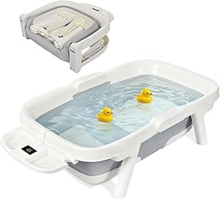 LIVINGbasics Extra Large Baby Bath Tub for Infants to Toddler, Anti-Slip Portable Travel Shower Basin with Foldable & Detachable Stand, Built-in Thermometer