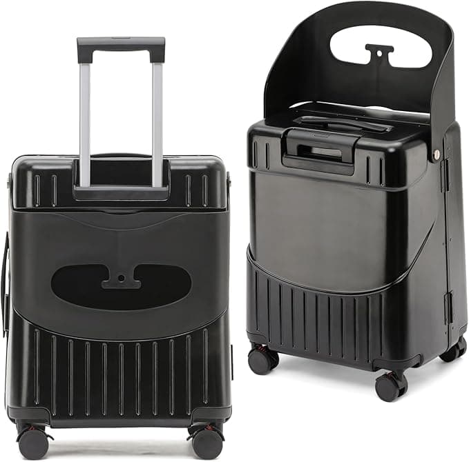Ride-On Suitcase with Built-in Seat for Kids & Adults, 20" Carry-On Luggage TSA-Approved Underseat Spinner, Lightweight Hard Shell with Aluminum Frame, 360° Wheels, 40L (Black, W/seat)
