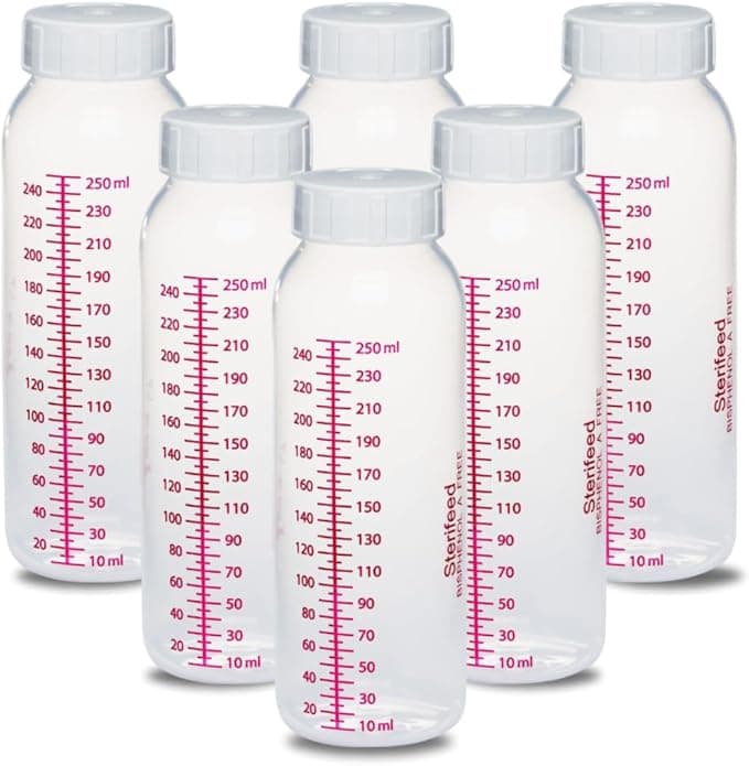 STERIFEED Reusable Breast Milk Bottles (6-Pack), Each Bottle (250 mls) in tamper evident bags | Hospital Quality with Locktight Caps, Baby Milk Bottle, Sterile Ready to use