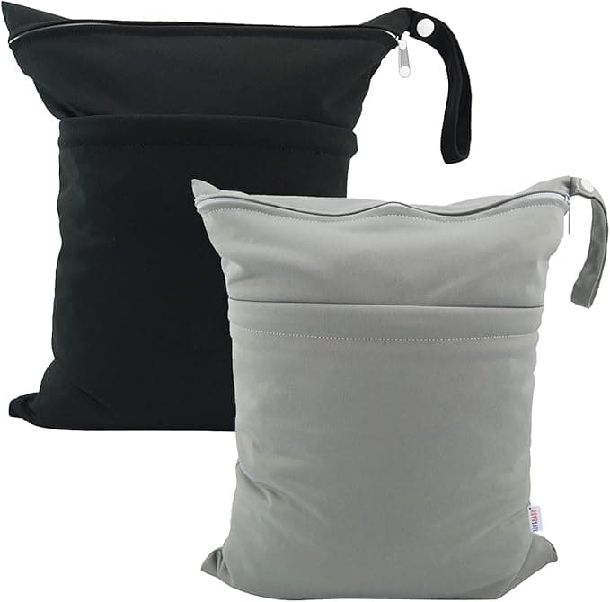 ALVABABY Wet Dry Bags with Two Zippered Pockets Waterfroof Reusable Bag for Swimsuits Wet Clothes Travel Beach Pool Daycare Soiled Baby Items Diaper Yoga Gym Black Grey