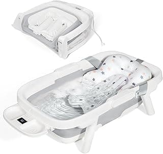 Orzbow Collapsible Baby Bathtub, Large Baby Bath Tub for Newborn with Soft Cushion & Thermometer, Travel Portable Baby Tubs for Infants to Toddler 0-36 Months, 71x43 cm, Gray