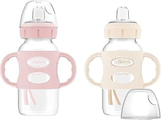 Dr. Brown’s Milestones Wide-Neck Transitional Sippy Bottle with Silicone Handles, 9oz 6m+ Light Pink and Ecru 2-Pack