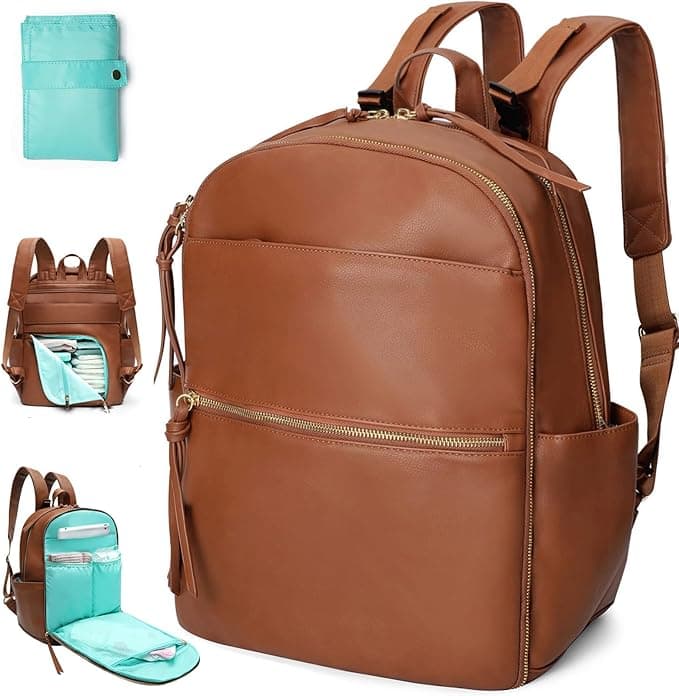 MOMINSIDE Diaper Bag Backpack, Leather Baby Bag with 6 Insulated Pockets, 18 Pockets Travel Backpack Mommy Bag, Changing Pad, Stroller Straps, Wet bag, Large Capacity for Mom Dad (Brown)