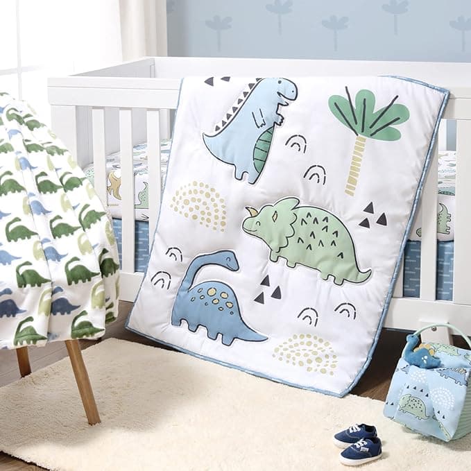 The Peanutshell 5 Piece Baby Crib Bedding Set for Boys - Newborn, Infant & Toddler Nursery Bed Set Decor with Fitted Crib Sheets, Blanket, Dust Ruffle Comforter - Blue Dino