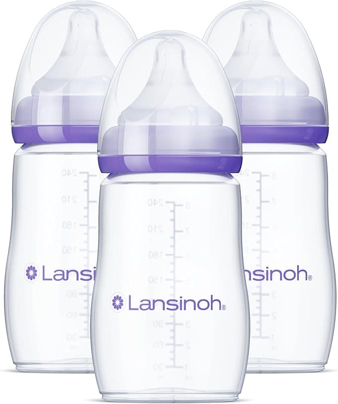Lansinoh Anti-Colic Baby Bottles for Breastfeeding Babies, 240 ml (8 Ounces), 3 Count, Includes 3 Medium Flow Nipples, Size M